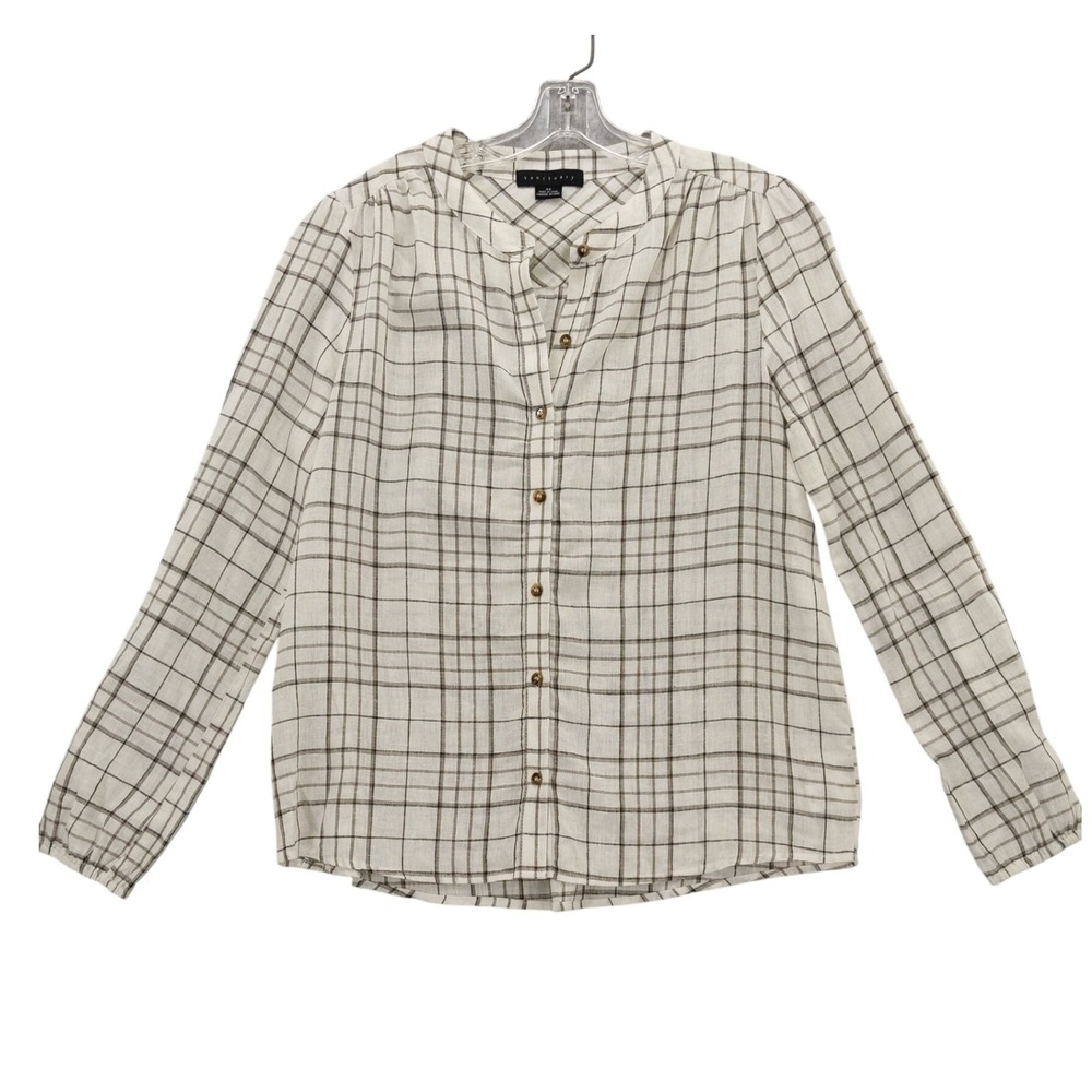 Sanctuary Plaid Button Down Long Sleeve Top‎ Blouse Linen Blend XS
